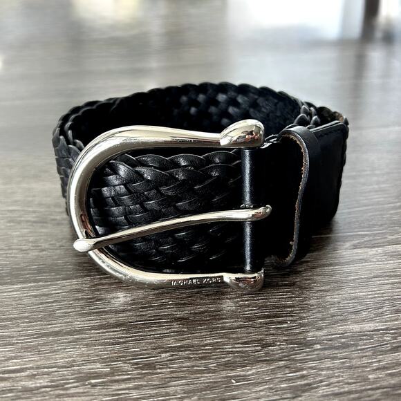 EUC Michael Kors Black Braided Leather Belt Silver Buckle Medium Classic Chic MK - Picture 5 of 13
